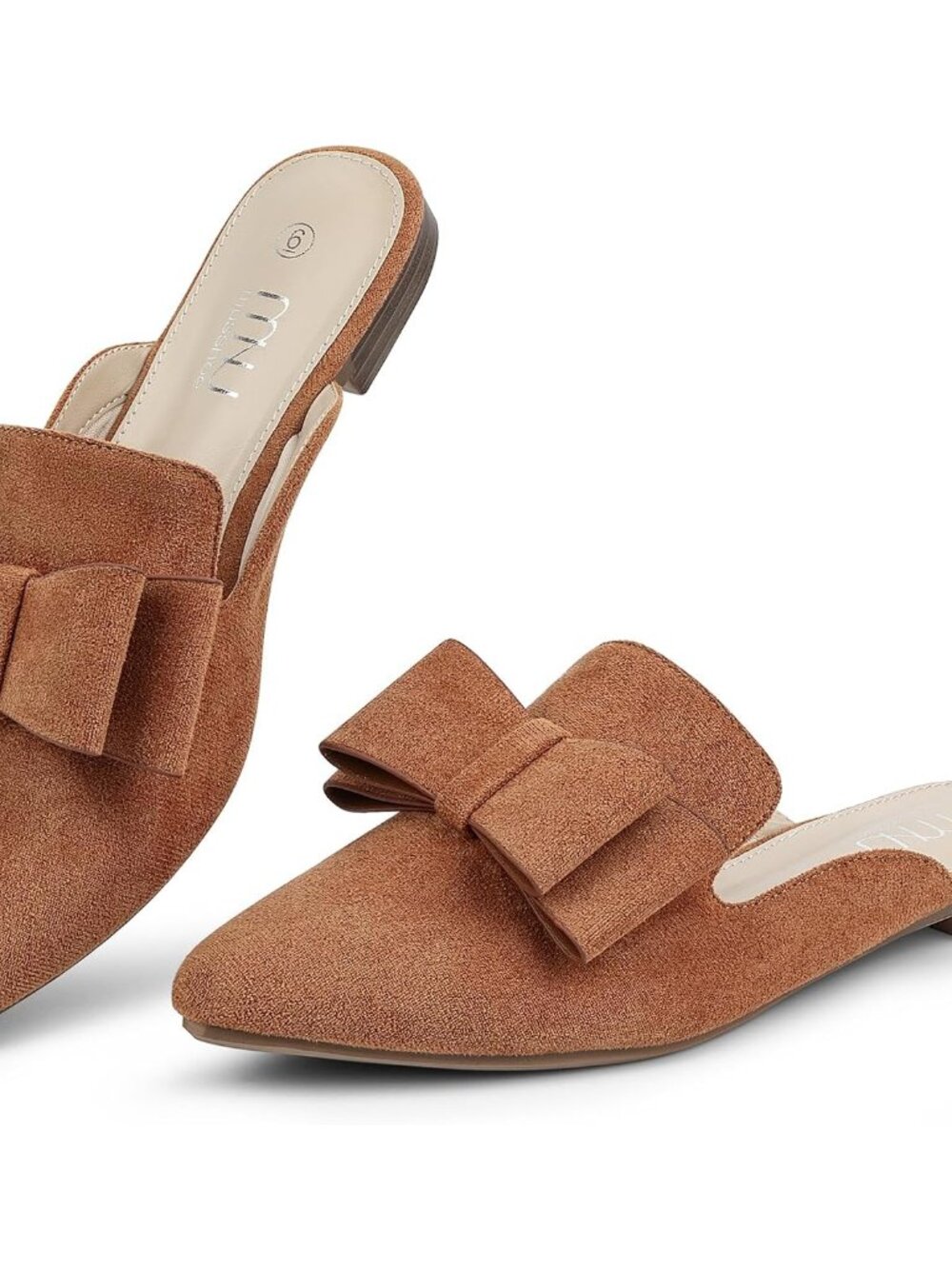 Mules for Women with Bow Knot: Pointed Toe Flats - Cloud-Cushion Suede Backless